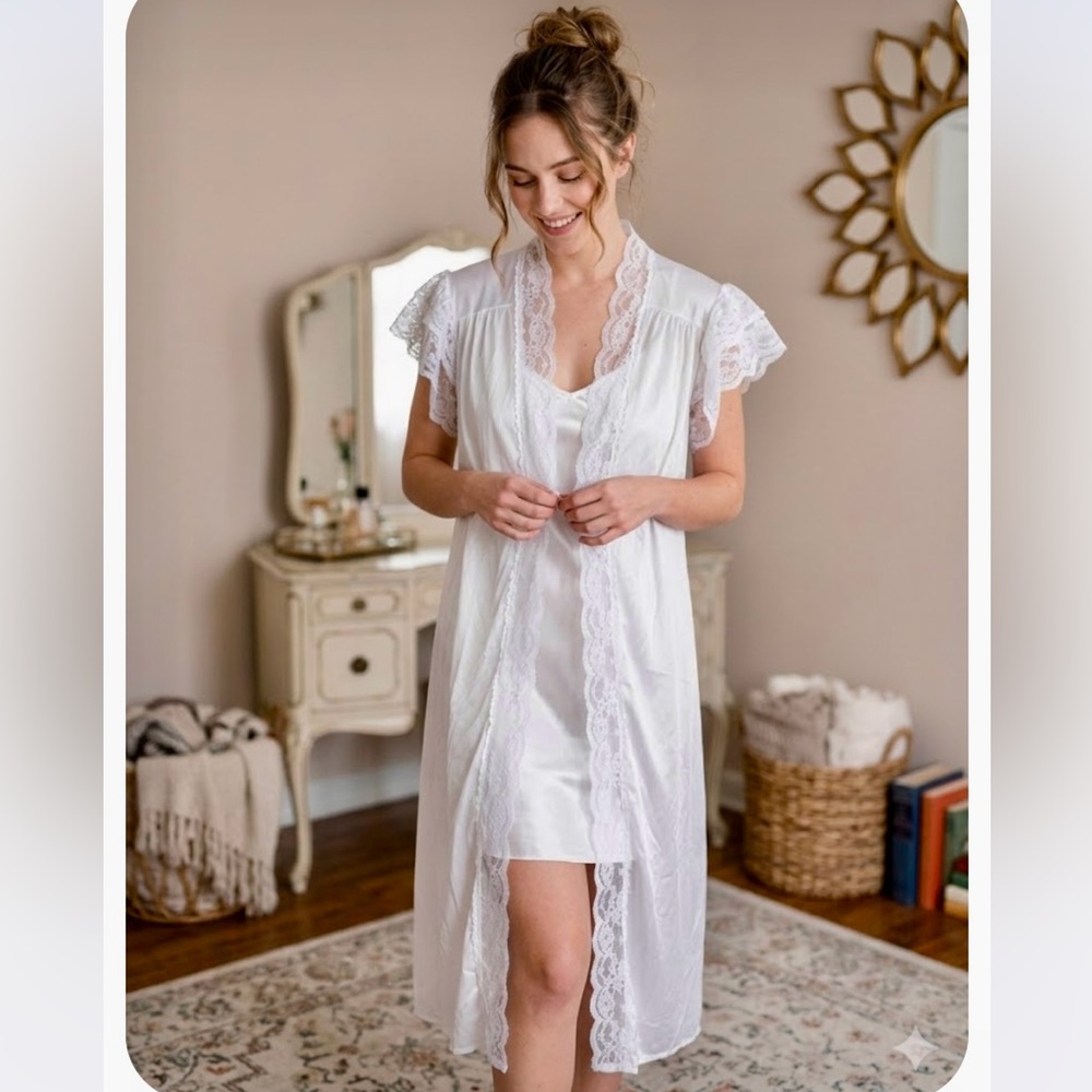 Elegant White Lace Trim Nightgown